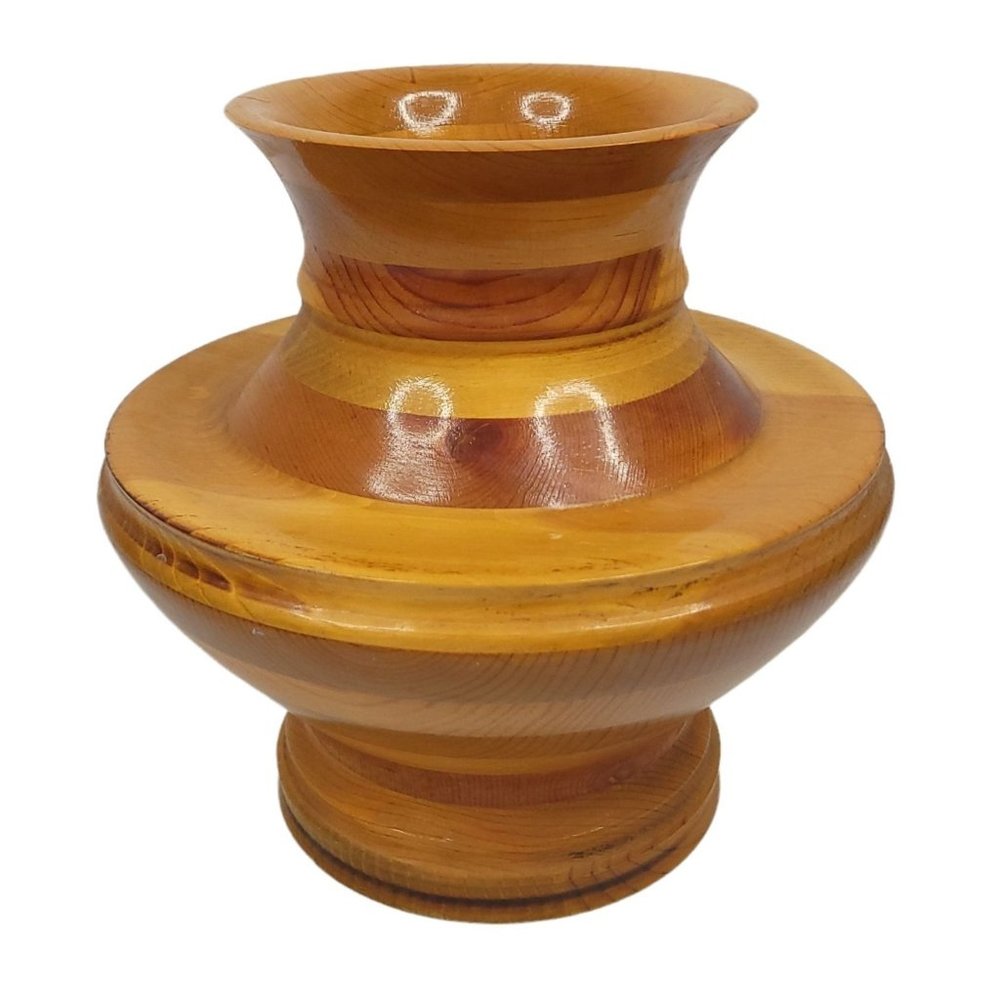 Vintage 1988 Artisan Handmade Wood Turned Vase Urn Pot 9.5" T x 9.5" W
